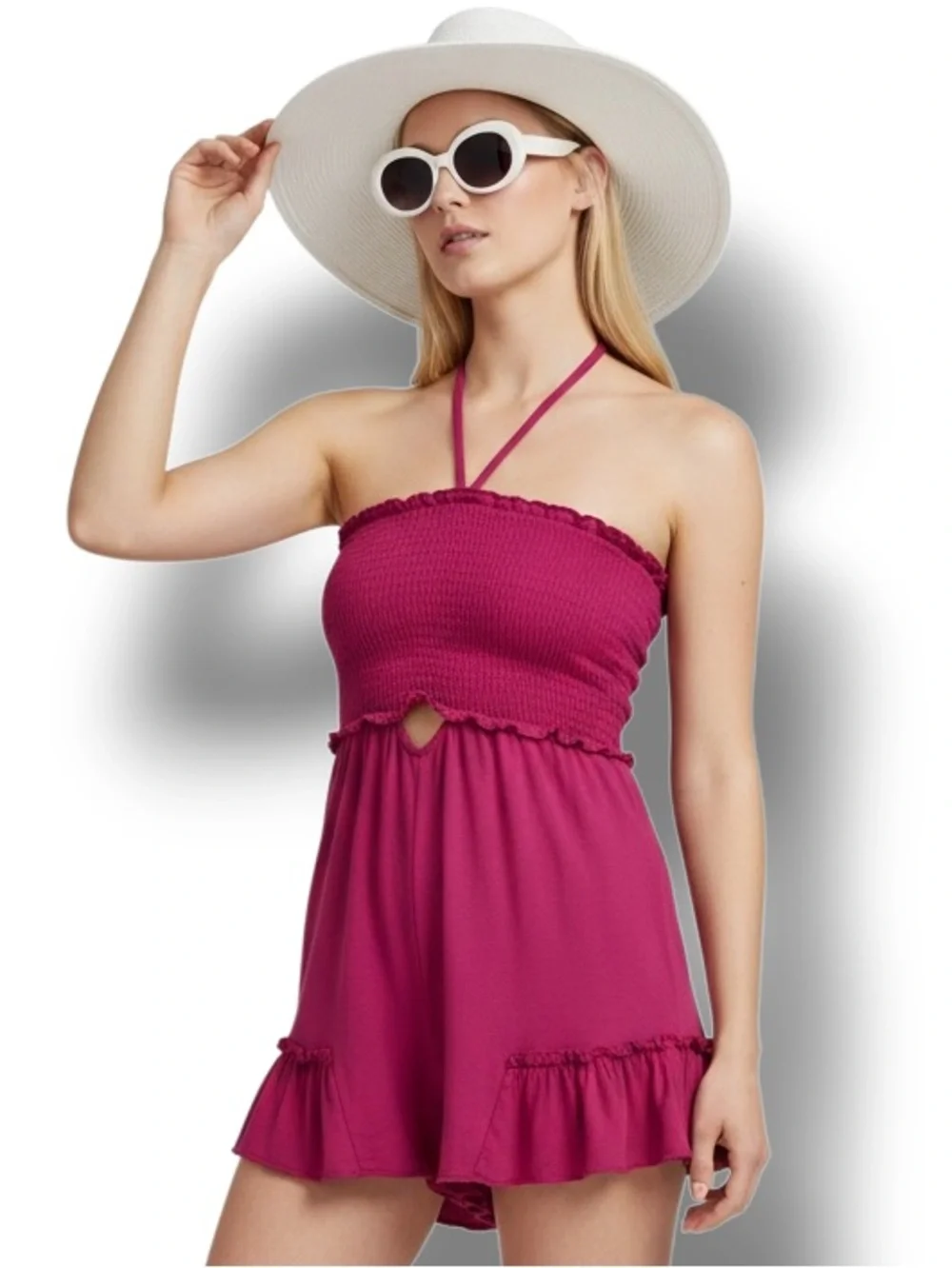 Venus Womens Hot Pink Sleeveless Smocked Halter Fun & Flirty Summer Short Romper